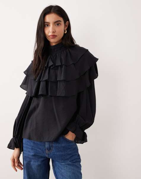 Glamorous - Blusa accollata bohémien nera con volant - view 1