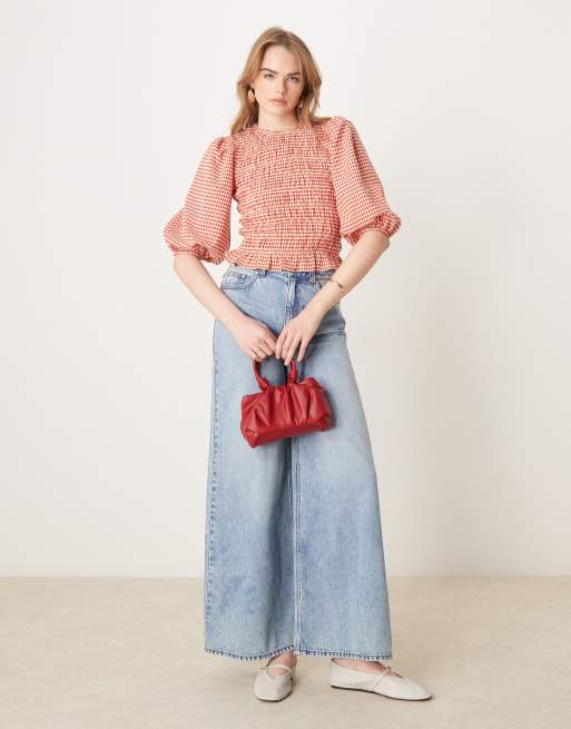 Glamorous - Blusa in popeline arricciata rossa a quadretti, 3 di 4