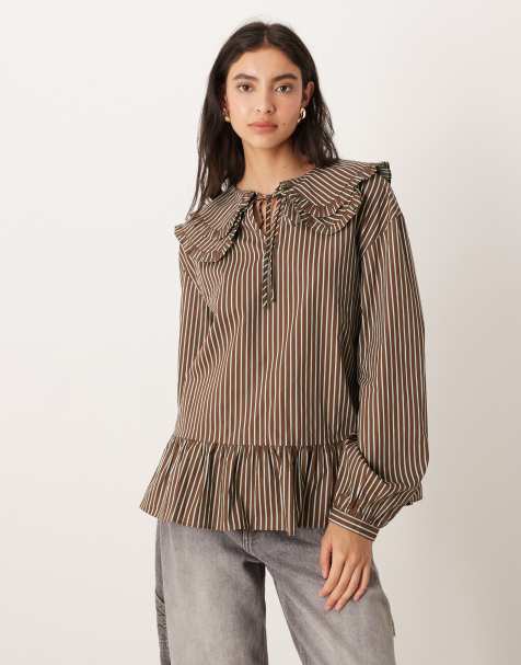 Glamorous - Blusa marrone e blu a righe con colletto doppio oversize - view 1