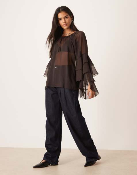 Glamorous - Blusa trasparente marrone stile bohémien con volant sulle maniche - view 1