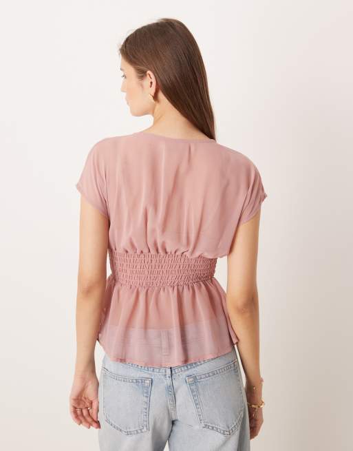 Glamorous – Bluse aus Chiffon in Zartrosa mit V-Ausschnitt und Flügelärmeln, 4 von 4