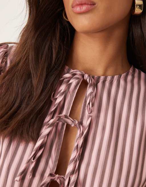 Glamorous – Bluse in Rosa gestreift mit Puffärmeln und Schleifenbindung, Kombiteil, 2 von 4