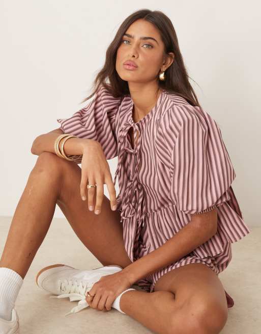 Glamorous – Bluse in Rosa gestreift mit Puffärmeln und Schleifenbindung, Kombiteil, 4 von 4