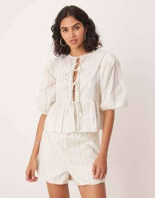 Glamorous - Bluse in Weiß, Blau und Braun gestreift mit Puffärmeln und Schleifenbindung, Kombiteil-Bunt