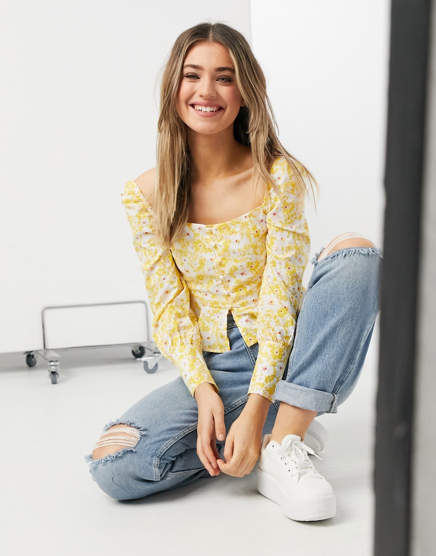 Glamorous – Bluse mit eckigem Ausschnitt & Blumenprint in Gelb