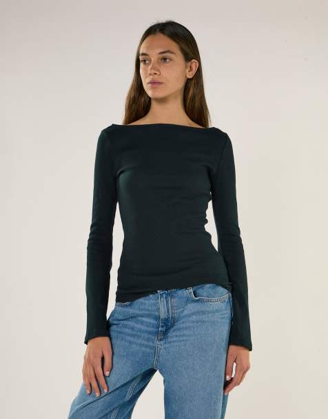 Glamorous Boat neck long sleeve top in dark navy - view 1