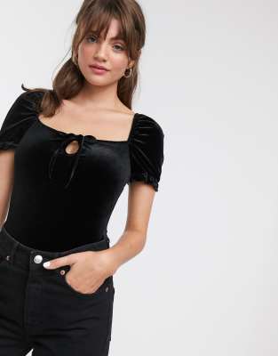 Glamorous - Body met pofmouwen van fluweel-Zwart Zwart