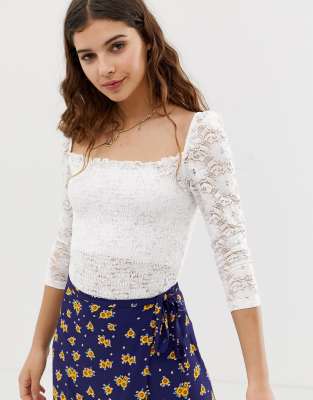 Glamorous square neck body in broderie-White White