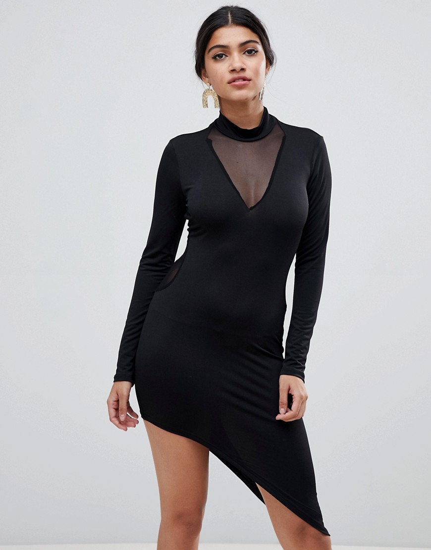 Glamorous bodycon dress with asymmetric hem-Black
