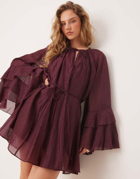 Glamorous boho chiffon ruffle chuck on dress in burgundy - view 1