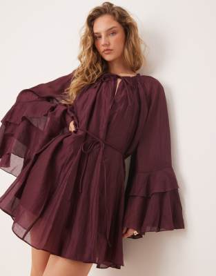 boho chiffon ruffle throw-on dress in burgundy-Red
