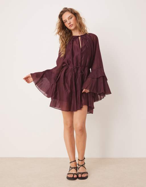 Glamorous boho chiffon ruffle throw-on dress in burgundy