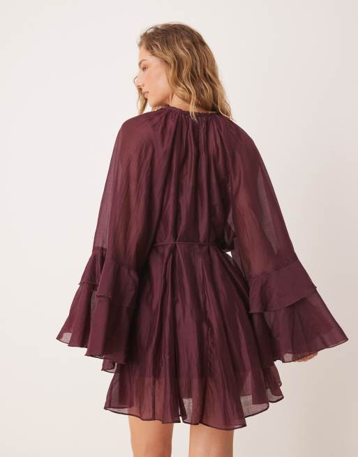 Glamorous boho chiffon ruffle throw-on dress in burgundy