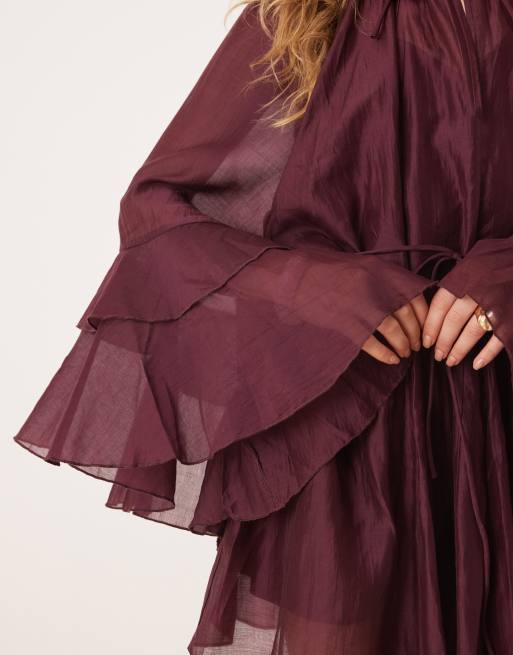 Glamorous boho chiffon ruffle throw-on dress in burgundy