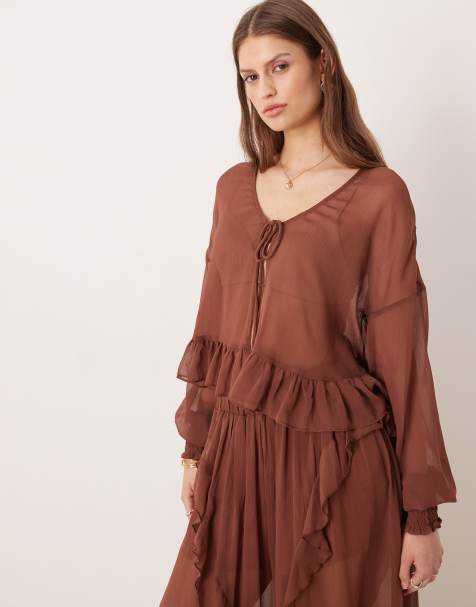 Glamorous boho crinkle style tie front blouse in brown co-ord - view 1