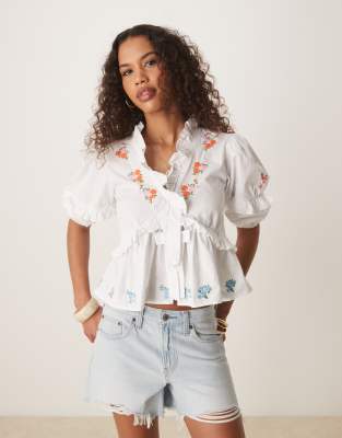 boho frill blouse with floral embroidery in white