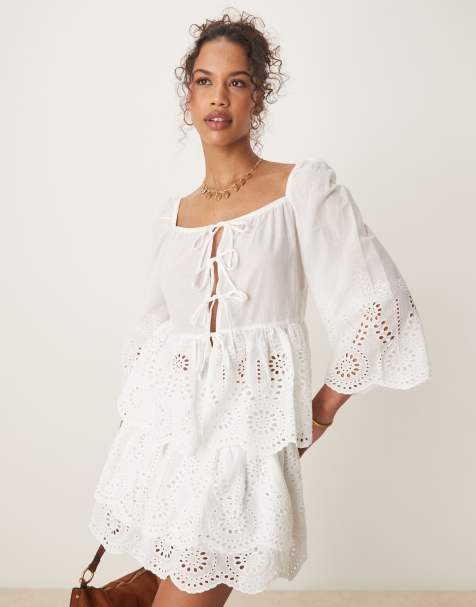 Glamorous boho lightweight broderie cutwork tie front blouse in white co-ord - view 1