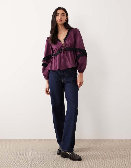 Glamorous boho ruffle broderie long sleeve blouse in deep purple , 3 of 4