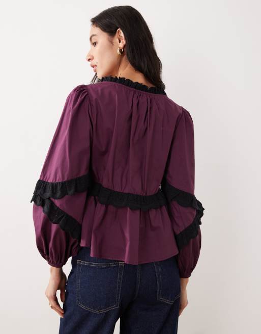 Glamorous boho ruffle broderie long sleeve blouse in deep purple , 4 of 4