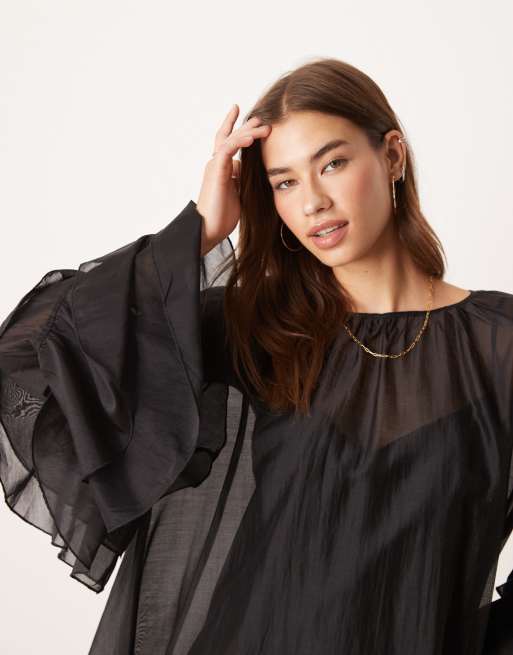 Glamorous boho ruffle chiffon mini dress in black