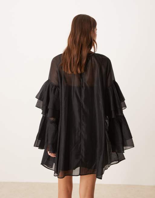 Glamorous boho ruffle chiffon mini dress in black