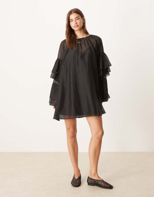 Glamorous boho ruffle chiffon mini dress in black