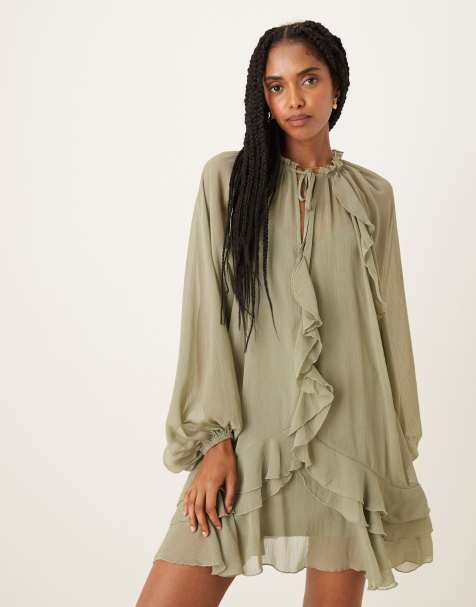 Glamorous boho ruffle chiffon mini dress in sage green - view 1