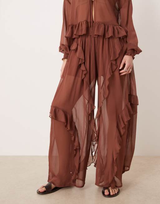 Glamorous Boho ruffle detail wide leg pants in brown (part of a set), 2 of 5
