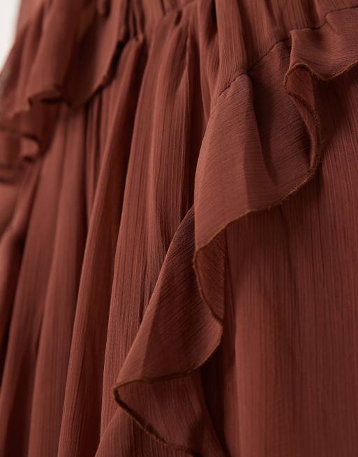 Glamorous Boho ruffle detail wide leg pants in brown (part of a set), 5 of 5