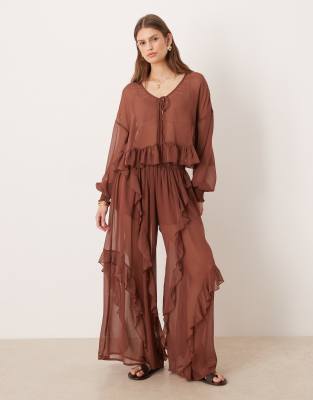Glamorous Boho Ruffle Detailing Wide Leg Pants In Brown