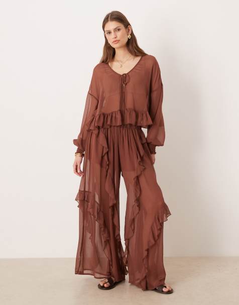 Glamorous boho ruffle detailing wide leg pants in brown - part of a set - view 1