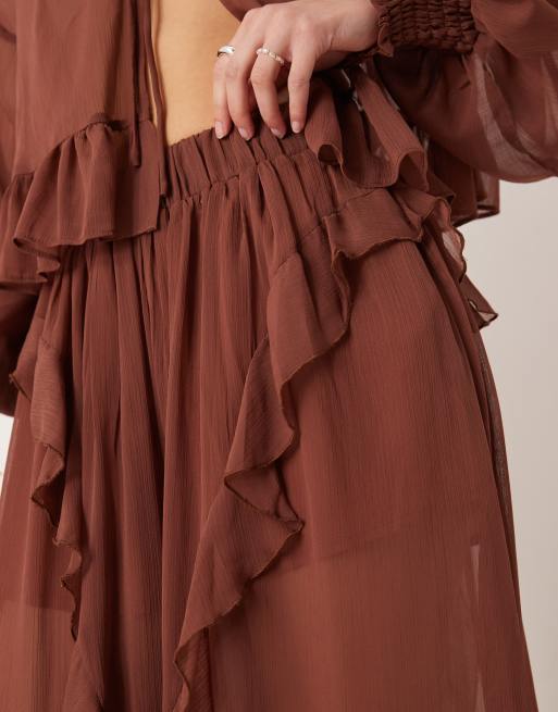 Glamorous boho ruffle detailing wide leg pants in brown - part of a set, 3 of 5