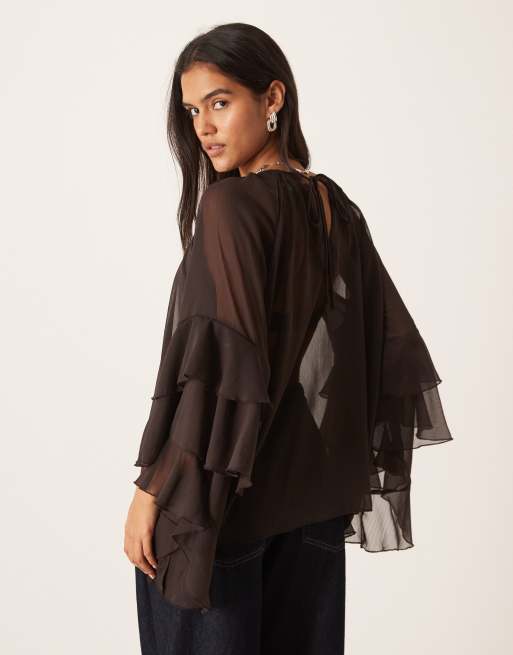 Glamorous boho ruffle sheer blouse with fluter sleeves in brown, 2 of 4