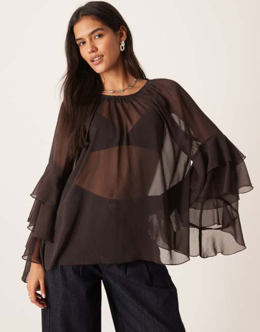 Glamorous boho ruffle sheer blouse with flutter sleeve in brown, 3 of 4
