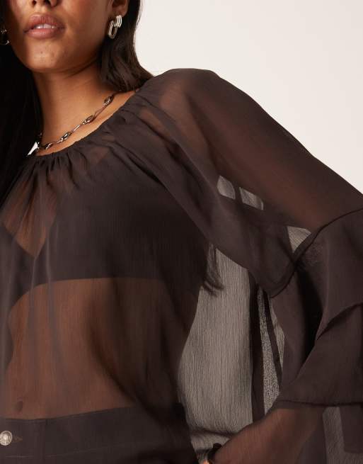 Glamorous boho ruffle sheer blouse with flutter sleeve in brown, 4 of 4
