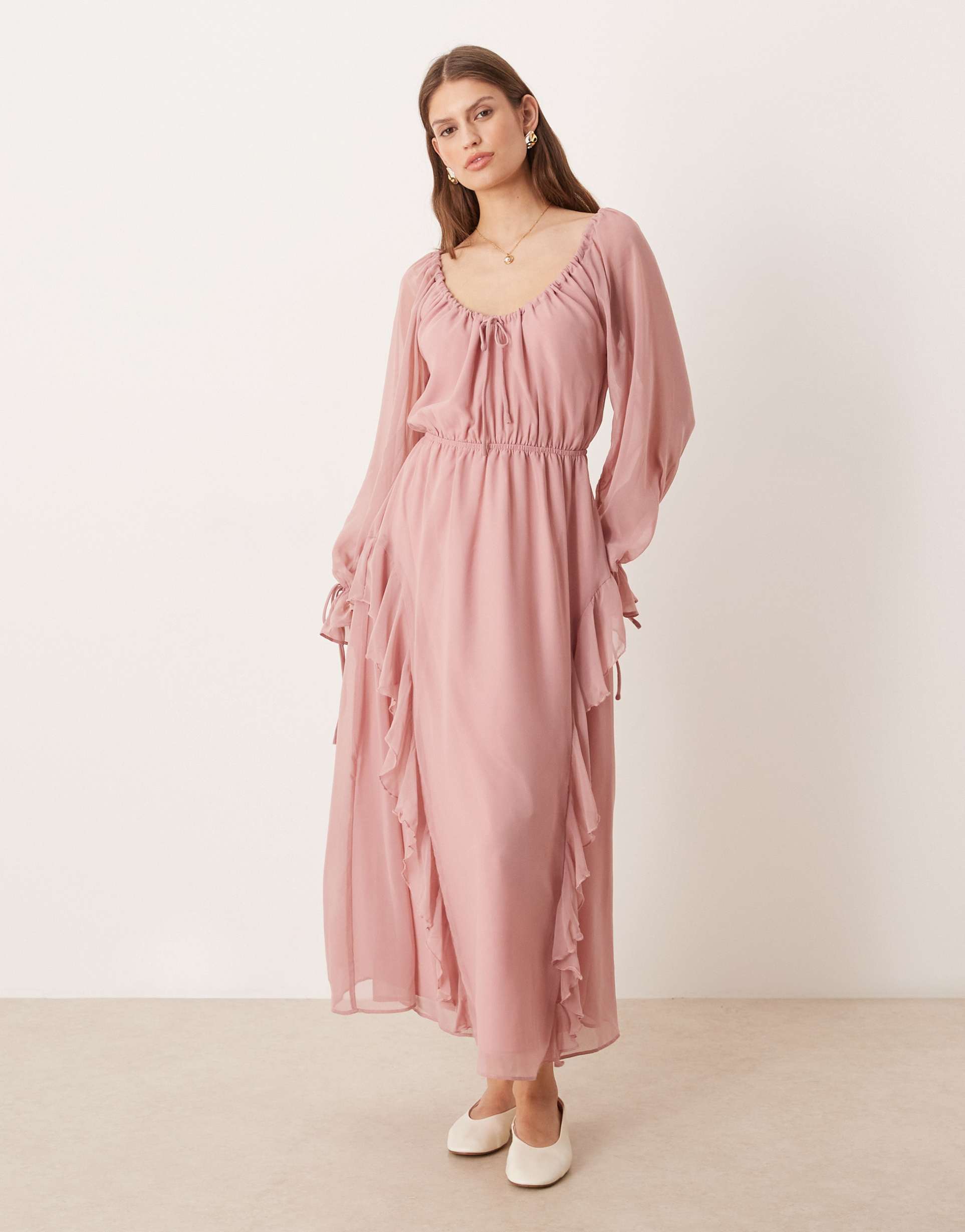 glamorous boho ruffled chiffon midaxi dress in pink blush
