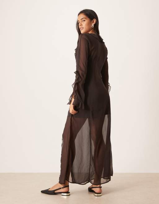 Glamorous boho sheer chiffon maxi ruffle dress in brown, 3 of 4
