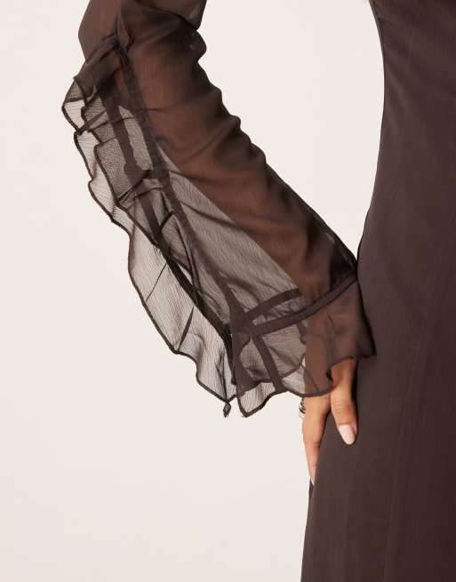 Glamorous boho sheer chiffon maxi ruffle dress in brown, 4 of 4