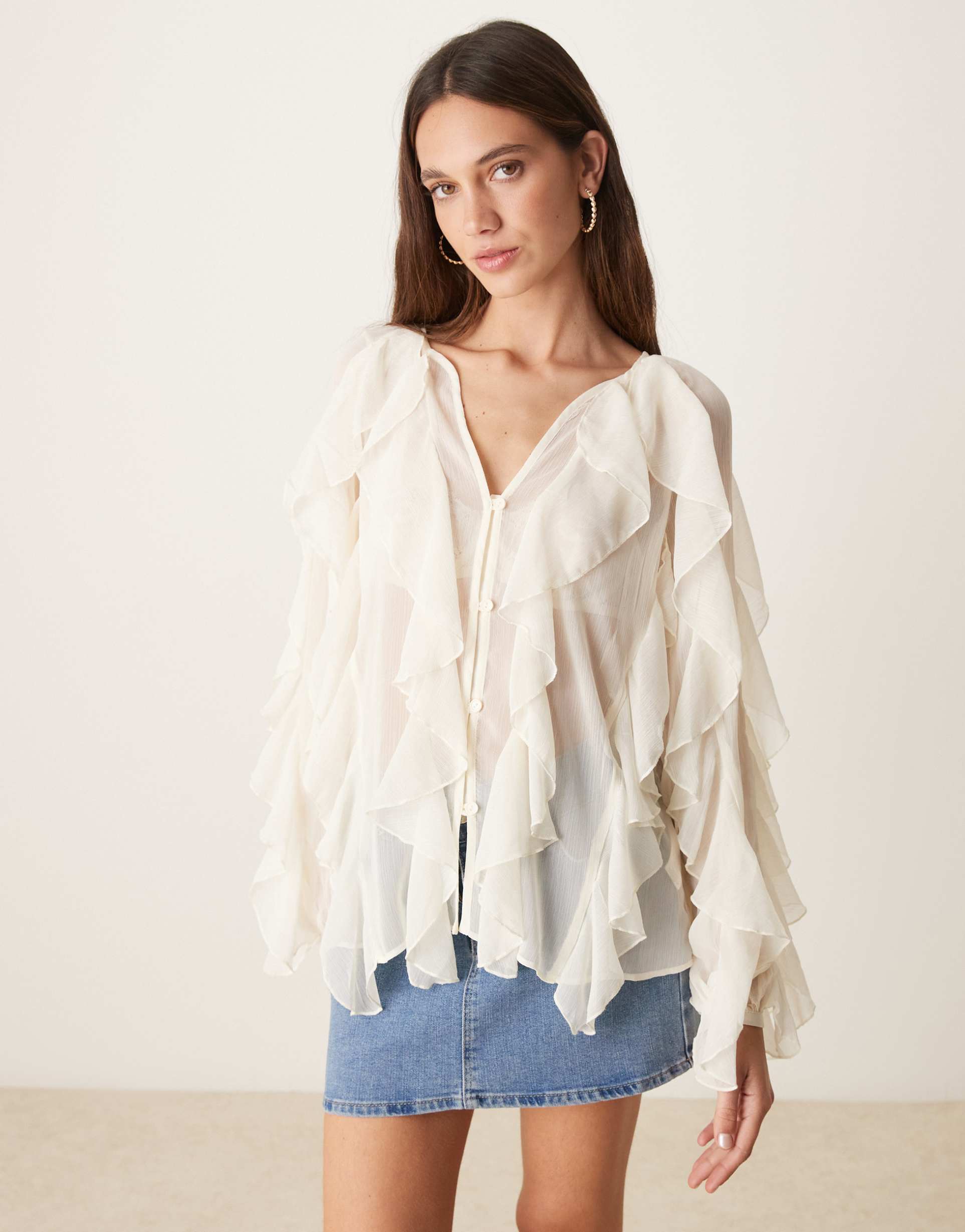 glamorous boho sheer ruffle frill blouse in white