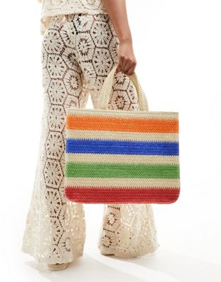 Glamorous bold stripe straw tote bag