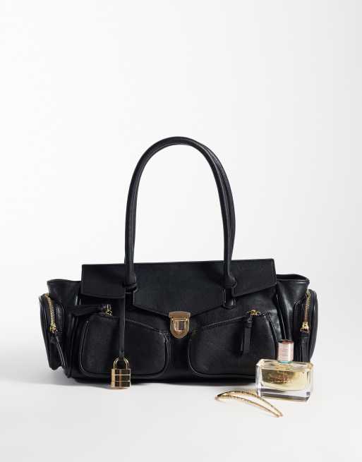 Glamorous - Bolso de hombro multibolsillo con candado en negro, 2 de 4