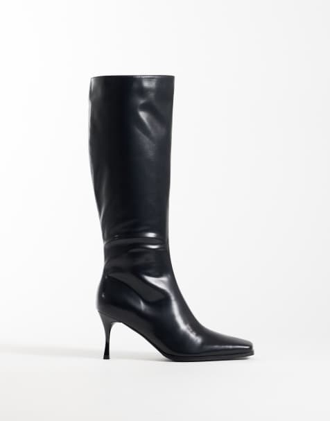 Glamorous boots med klack i bred passform och fyrkantig tå, svarta i PU, knähöga - view 1