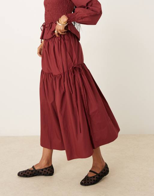 Glamorous - Bordeaux midaxi-nederdel med bindebånd i poplin - Del af sæt, 3 af 5
