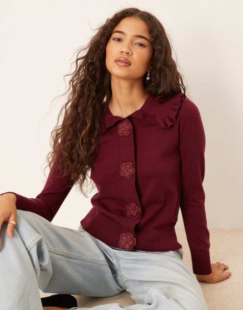 Glamorous rose applique cardigan with dramatic collar in burgundy