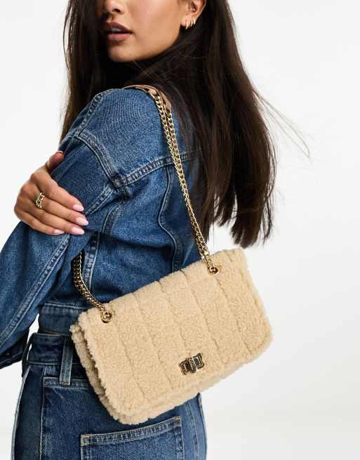 Glamorous borg quilted bag with chain strap in beige | ASOS