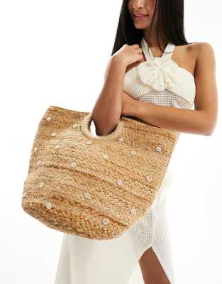 Glamorous - Borsa a mano da spiaggia larga color neutro con perline