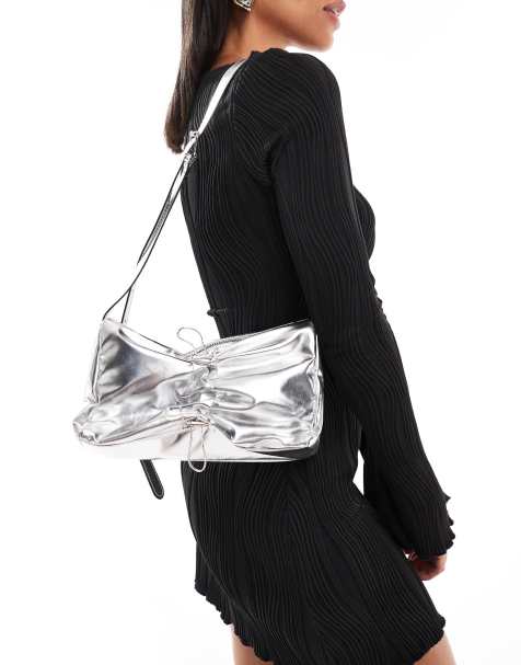 Glamorous - Borsa a tracolla arricciata argento con fiocco - view 1
