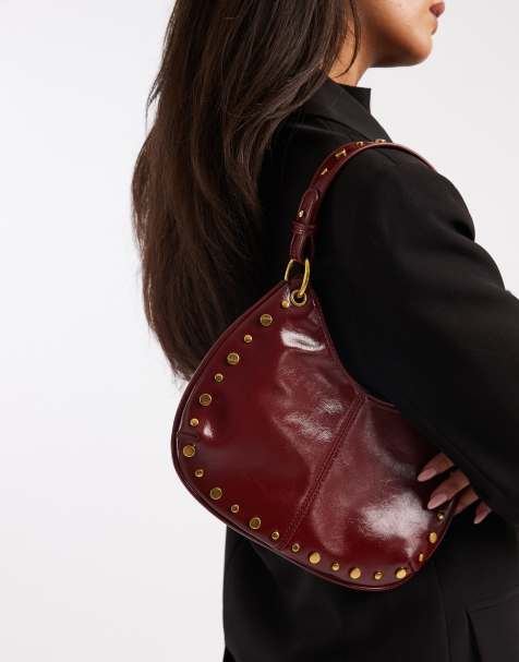 Glamorous - Borsa da spalla a mezzaluna bordeaux con borchie - view 1