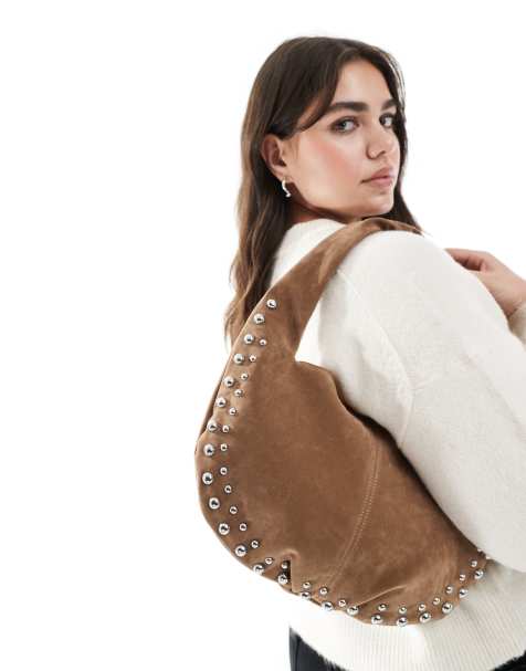 Glamorous - Borsa da spalla a mezzaluna in camoscio sintetico marrone chiaro con borchie - view 1