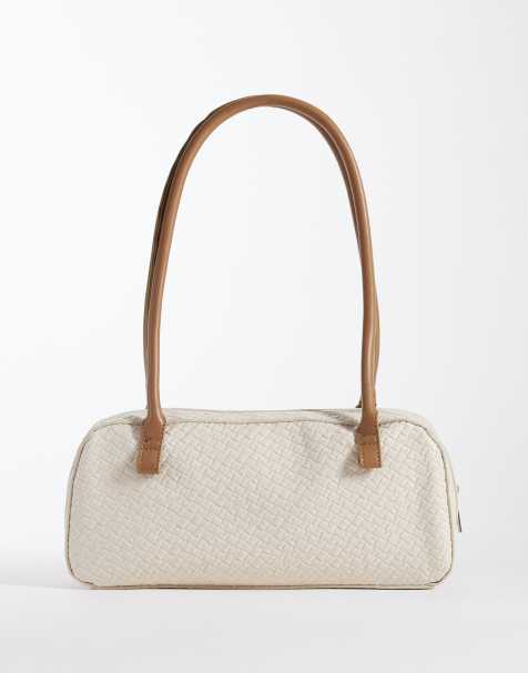 Glamorous - Borsa da spalla allungata in rafia intrecciata color crema con dettagli in pelle sintetica - view 1